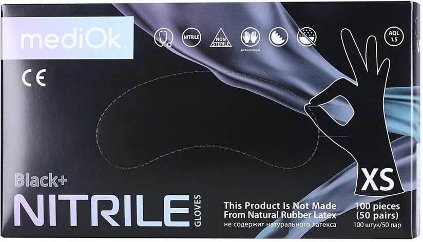 Перчатки нитрил MEDIOK ЧЕРНЫЕ XS 10% 100шт/(10/1) 1уп
