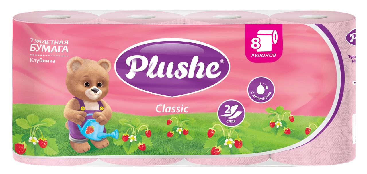 Туалетная бумага Plushe Classic Клубника 8рул 2сл 18м розовая ароматизация (8\1) 1 уп