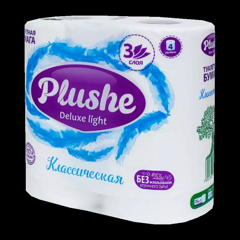 Туалетная бумага PLUSHE Deluxe Light Классическая 4рул 3слоя 15м, белый (12\1)1уп